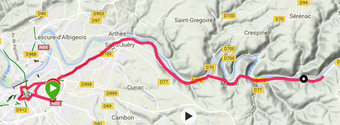 Parcours du marathon d’Albi, un tour en ville, et un aller-retour le long de la vallée du Tarn